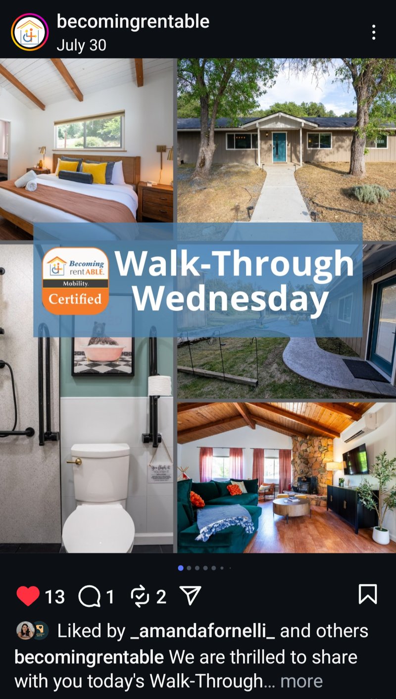 A screenshot of a post featuring Thriveway Stays Yosemite on becoming rentable's instagram page. Text with the words "Walk-Through Wednesday" is seen overlayed on top a collage of photos of the property.