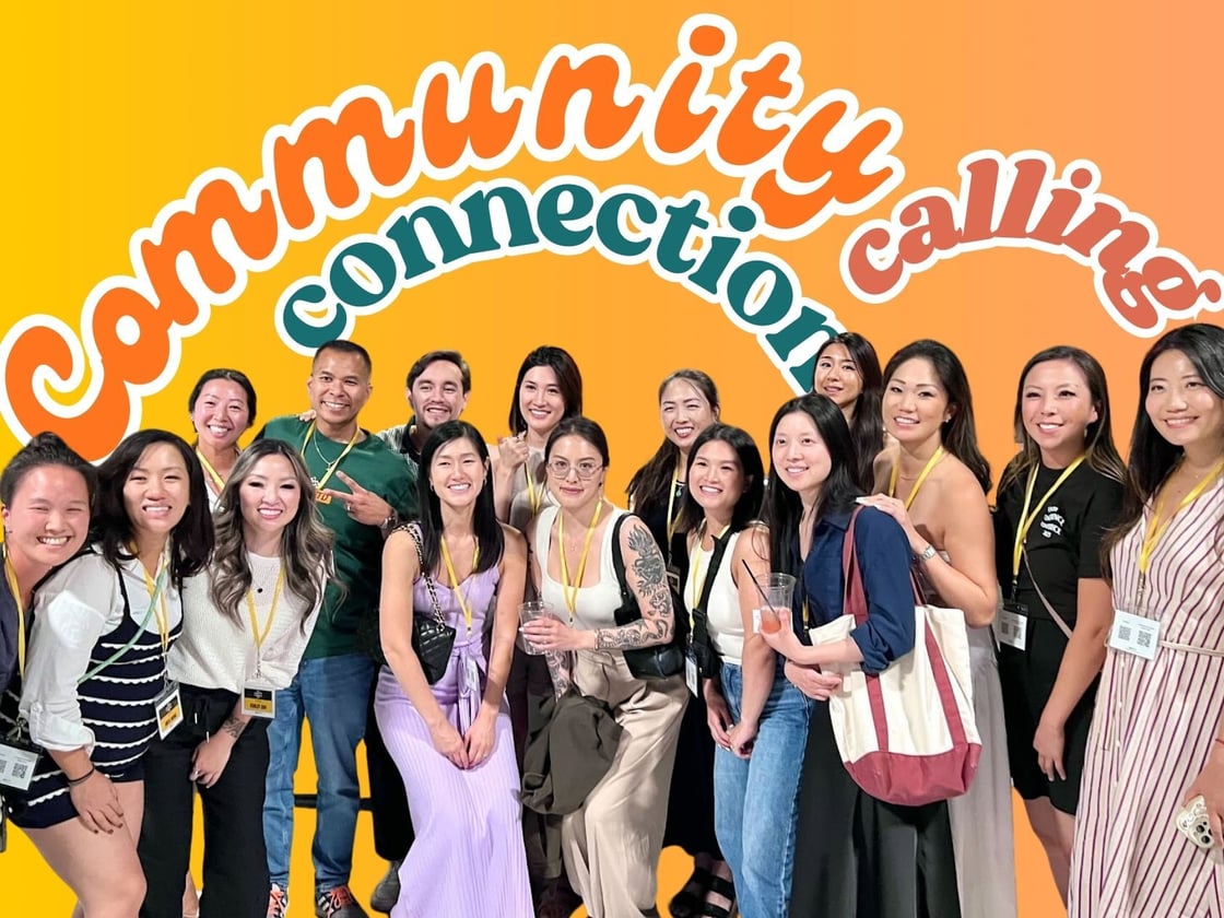 A large group of women and some men stand together with the words "Community" "Connection" and "Calling" written above them