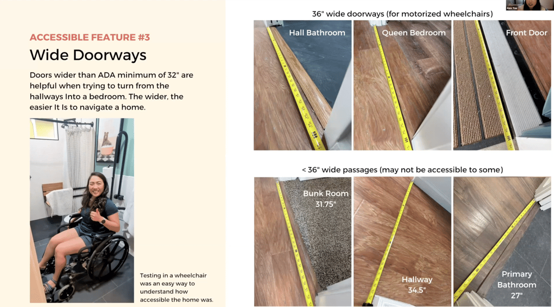 A collection of photos of doorways with a measuring tape and their widths in inches. The slide has the words "Accessible Feature #5 Wide Doorways Doors wider than ADA minimum of 32" are helpful when trying to turn from the hallways into a bedroom. The wider, the easier it is to navigate a home."