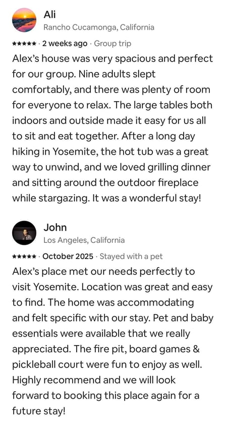 A screenshot of two positive reviews from past guests