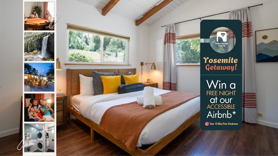 Photos featuring the Yosemite property with text explaining the chance to win a free night at the accessible airbnb. Follow up by viewing @alexyee.ventures on instagram.